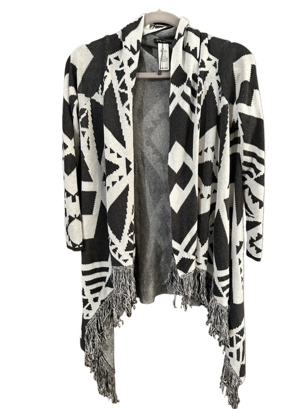 Dynamite Black & White Open-Front Geometric Fringe Cardigan Size Medium